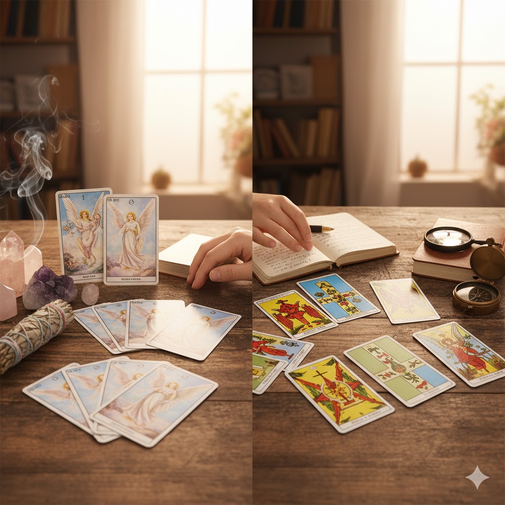 落ち着いた部屋でオラクルカードとタロットカードがそれぞれ展開されており、神秘的な雰囲気が漂っています。