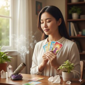 一人の女性が目を閉じてオラクルカードを胸元に抱え、集中してメッセージを受け取ろうとしている様子が描かれています。