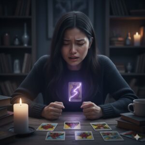 一人の女性がタロットカードを広げ、不安な表情で俯いています。